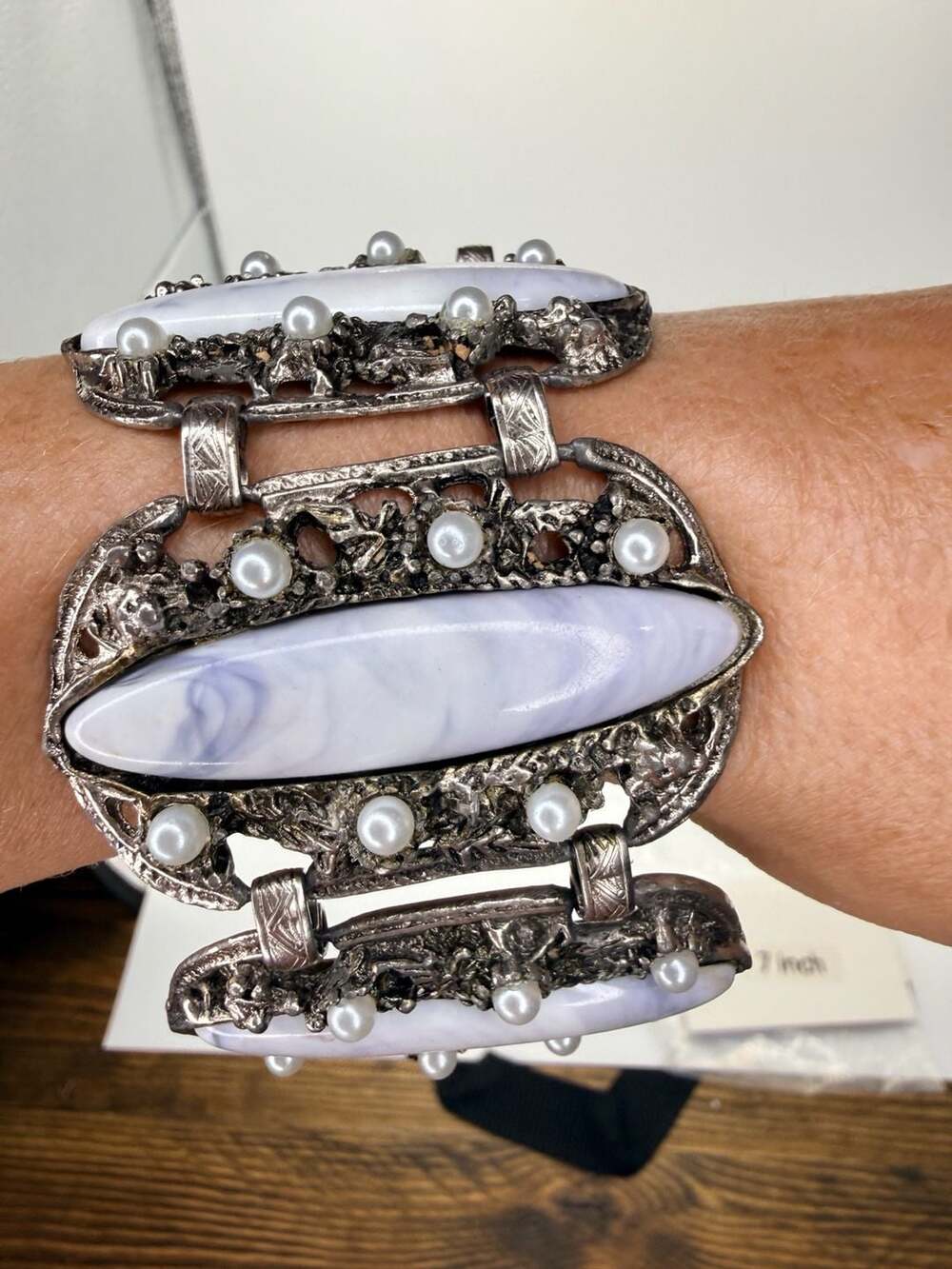 Vintage Ornate Silver Tone Faux Pearl Link Bracelet